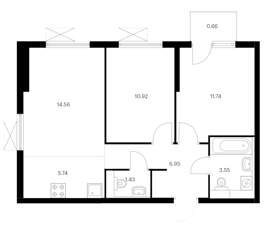 2-комнатная квартира 55.55 м², 8/15 эт., ЖК «Заречный парк»